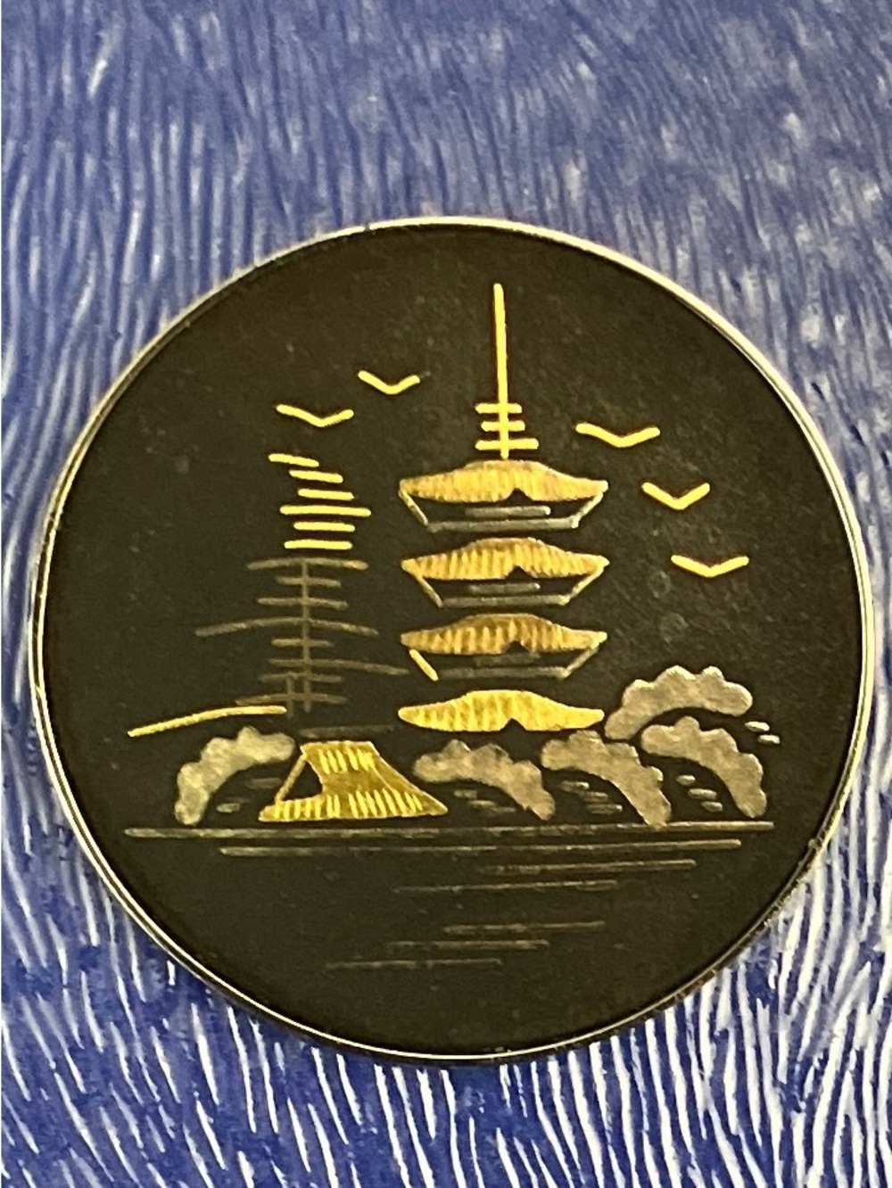 Amita Sterling Damascene Brooch Pin  Pagoda Birds River Black Silver